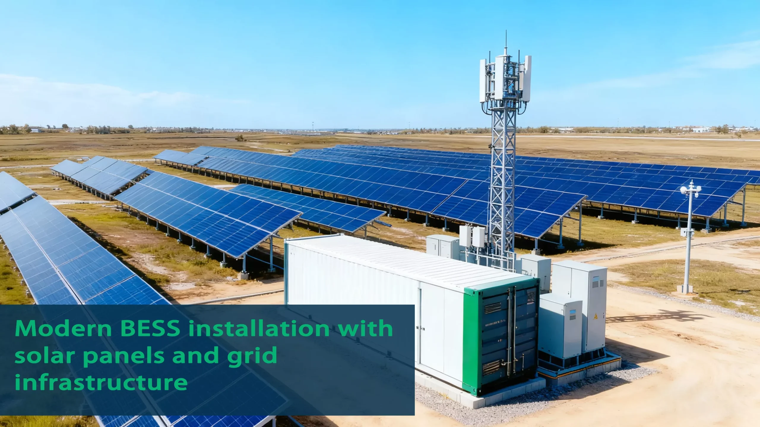 Modern BESS installation with solar panels and grid infrastructure