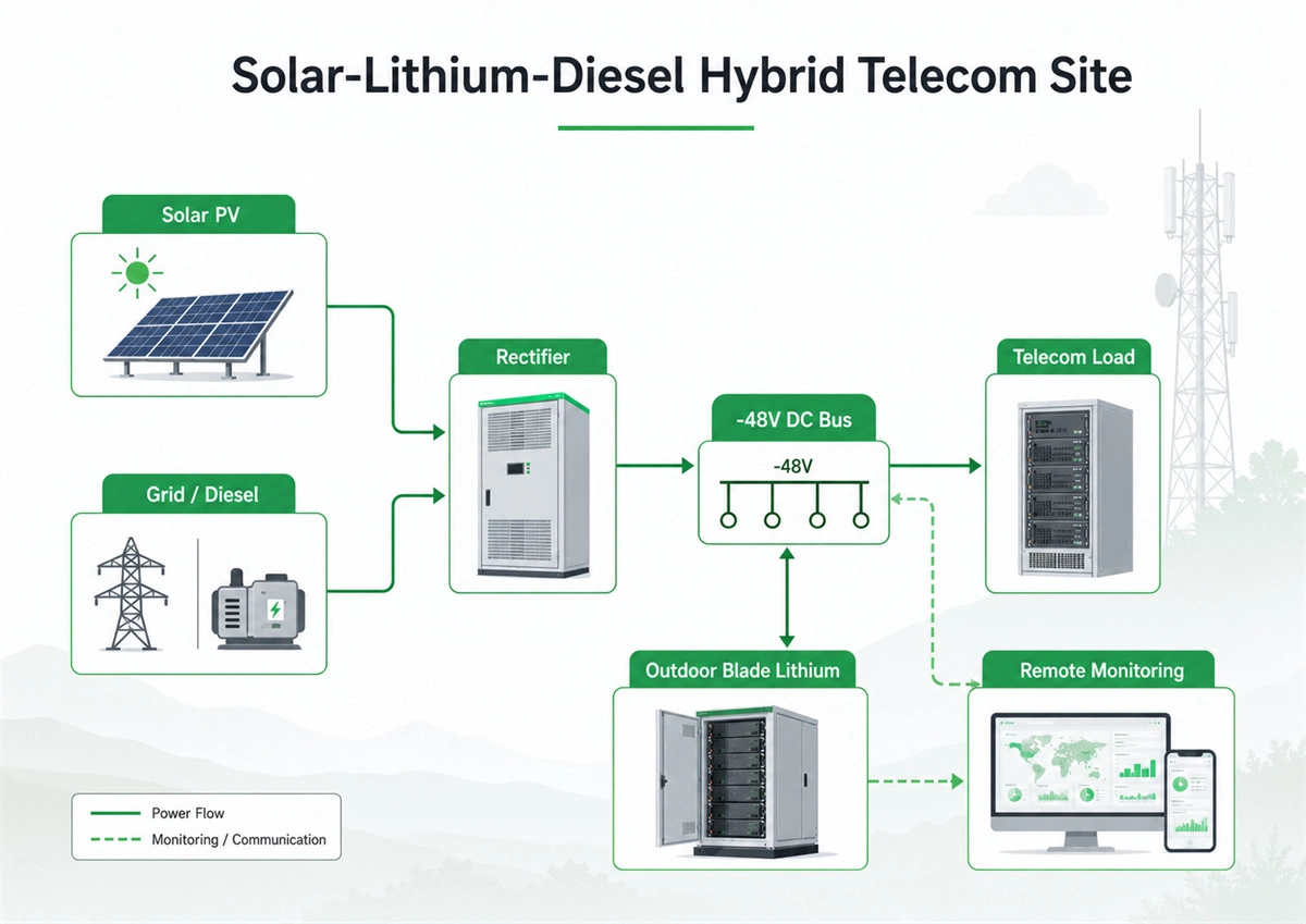 Solar lithium diesel hybrid telecom site power system with outdoor blade lithium battery